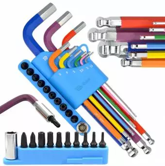 Zestaw 9 kluczy imbusowych, 10 końcówek torx, krzyżak, organizer, stal cr-v